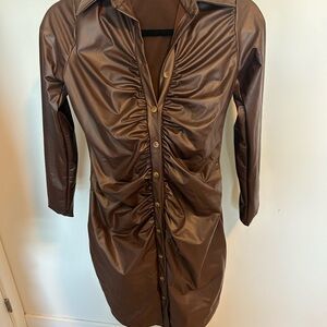 Brown Faux Leather Ruched Dress